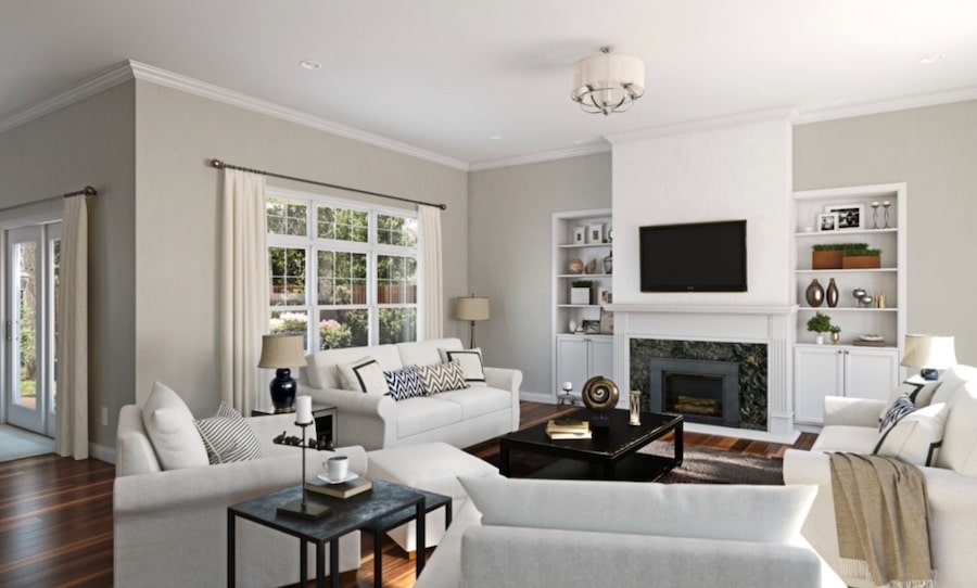Sherwin Williams Repose Gray Living Room Paint Color Inspiration, greige, cozy, transitional interior