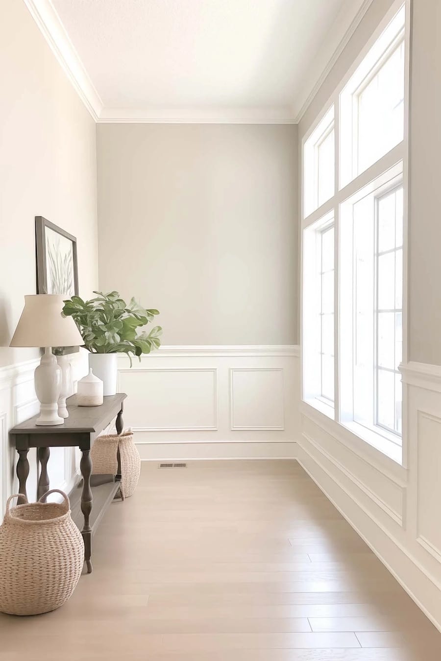 Sherwin Williams Repose Gray Paint Color Idea With Wainscoting Walls, greige wall color, white and greige, cozy, modern, transitional, traditional design inspiration, new home ideas, 2026 trends