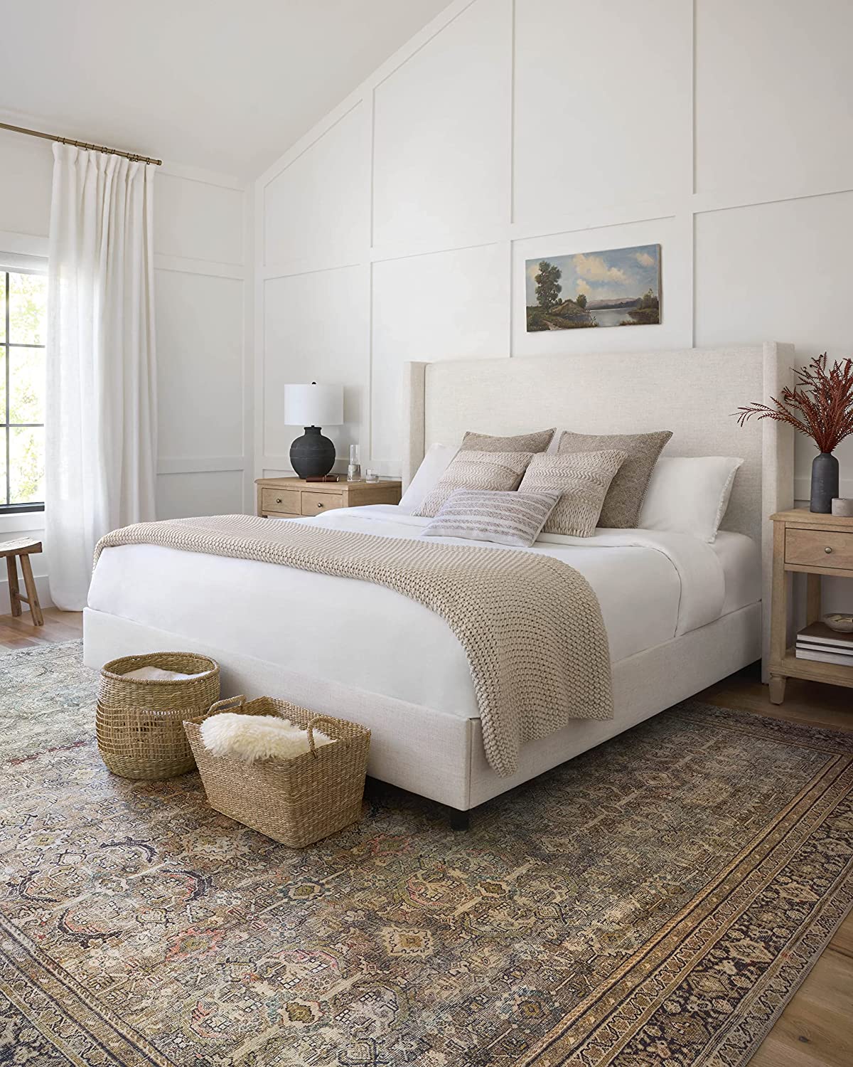 Neutral Bedroom Design and Loloi Amber Lewis Olive Charcoal Rug