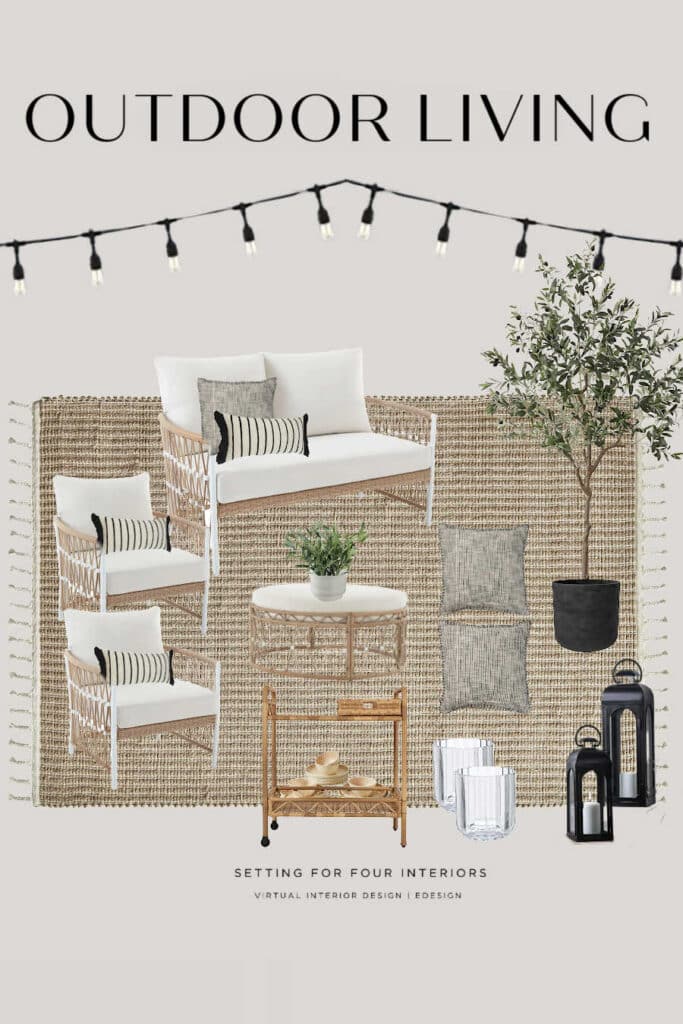 How To Create A Stylish & Budget Friendly Outdoor Oasis! Mood board, shopping links to quality, affordable patio decor and furniture pieces and styling instructions. Setting For Four Interiors. Virtual Interior Design Services