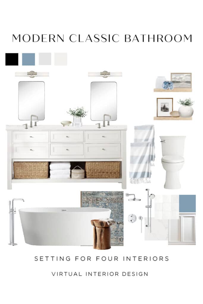 Modern Classic Bathroom Design Moodboard Modern Classic Bathroom Design with mood board and paint color ideas. Blue and White color palette. Beach house, modern coastal, farmhouse style. Transitional design. White vanity. Bathroom fixtures and decor ideas. Virtual design and paint color services. Designer and True Color Expert.
