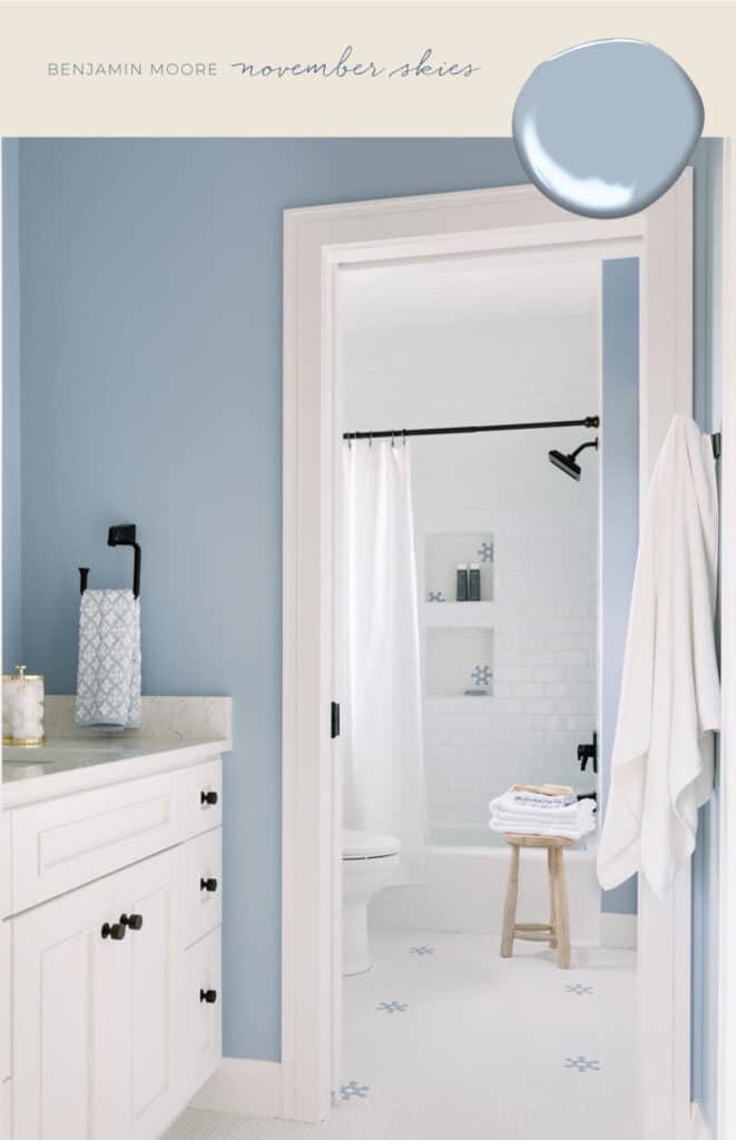 Benjamin Moore November Skies bathroom paint color idea. A beautiful blue-gray color for a spa like look. Home paint color ideas from a Designer and True Color Expert!