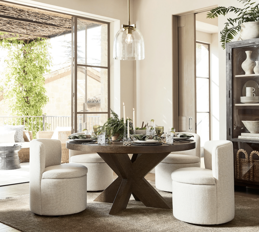 Neutral Traditional Dining Room Design and Decor Ideas, round dining table idea, seating, dining chairs for a round dining table, decorate a round dining table, cozy, elegant home inspiration from a Designer and True Color Expert ® Setting For Four Interiors