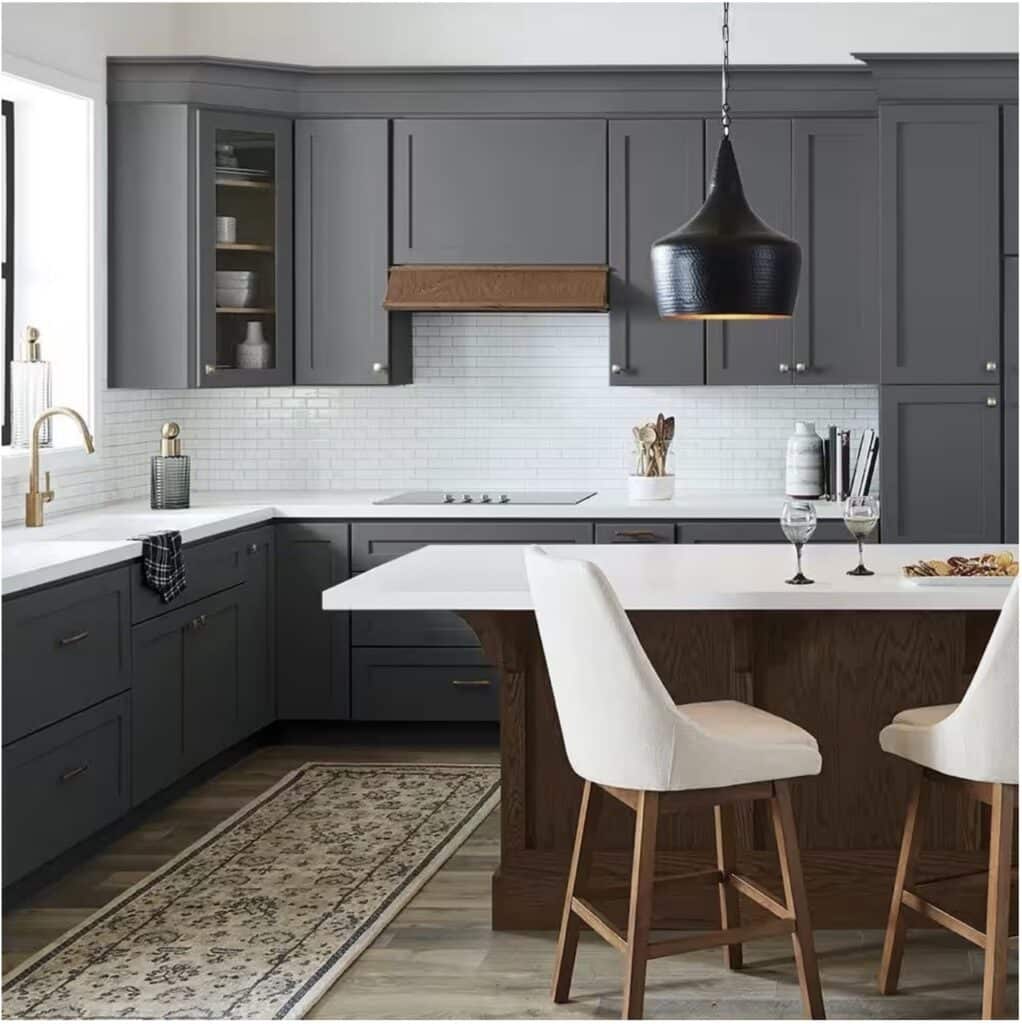 Behr Cracked Pepper Kitchen Cabinet Paint Color Idea - a beautiful soft black cabinet color idea for kitchen cabinets