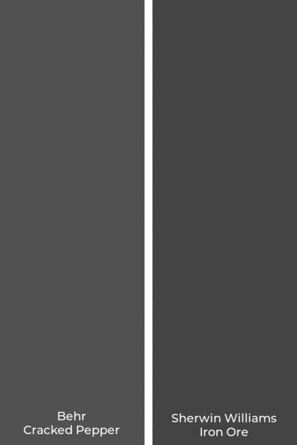 Behr Cracked Pepper vs Iron Ore - A True Color Expert shares the paint color comparison of undertones and color. Sherwin Williams Iron Ore comapred to Behr Cracked Pepper