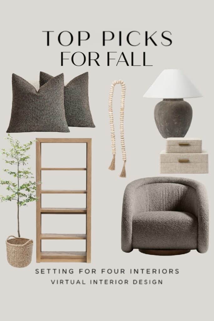 Neutral Fall Living Room Decor Ideas. Bookcase decor ideas. bookshelf. home office. organic modern.