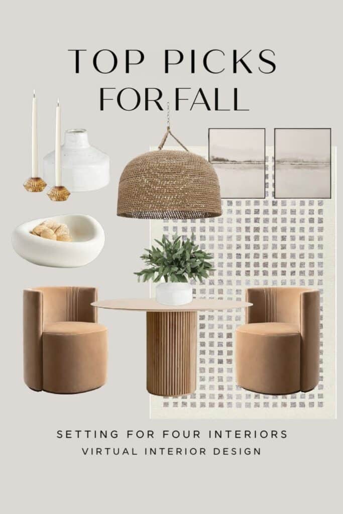 Fall Dining Room Mood Board and Decor Ideas. Neutral decor for fall. Dining chairs and round dining table. Dining Room chandelier and rug.