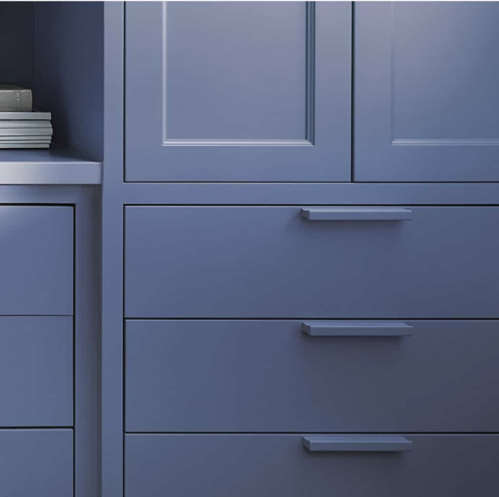 Benjamin Moore Blue Nova 825 Color Of The Year 2024. Bathroom and Kitchen Cabinet paint color. Designer and True Color Expert. Setting for Four Interiors. Virtual Interior Design #color #2024 #colorfotheyear #bluenova #benjaminmoore #paint #design