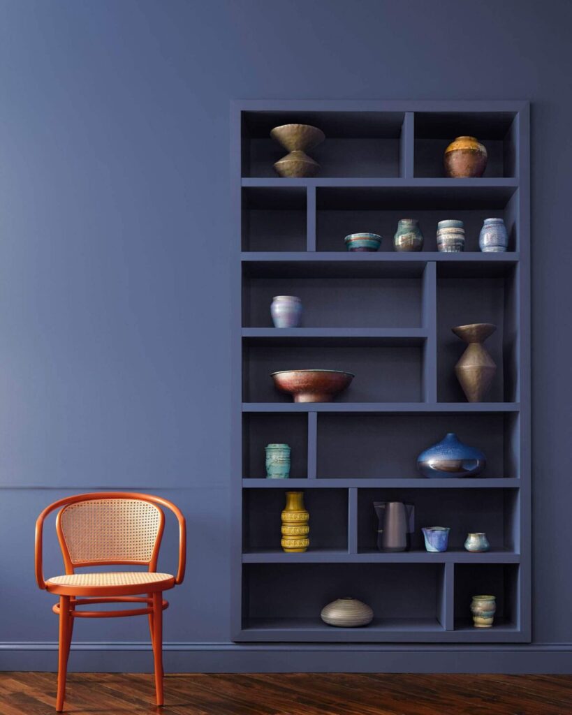 Blue Nova - Benjamin Moore Color Of The Year 2024. Builtin and wall color. Interior Design Room Photo. Designer and True Color Expert. Setting for Four Interiors. Virtual Interior Design. #blue #paint #color #2024 #benjaminmoore #coloroftheyear #serene #livingroom #builtins #ideas 