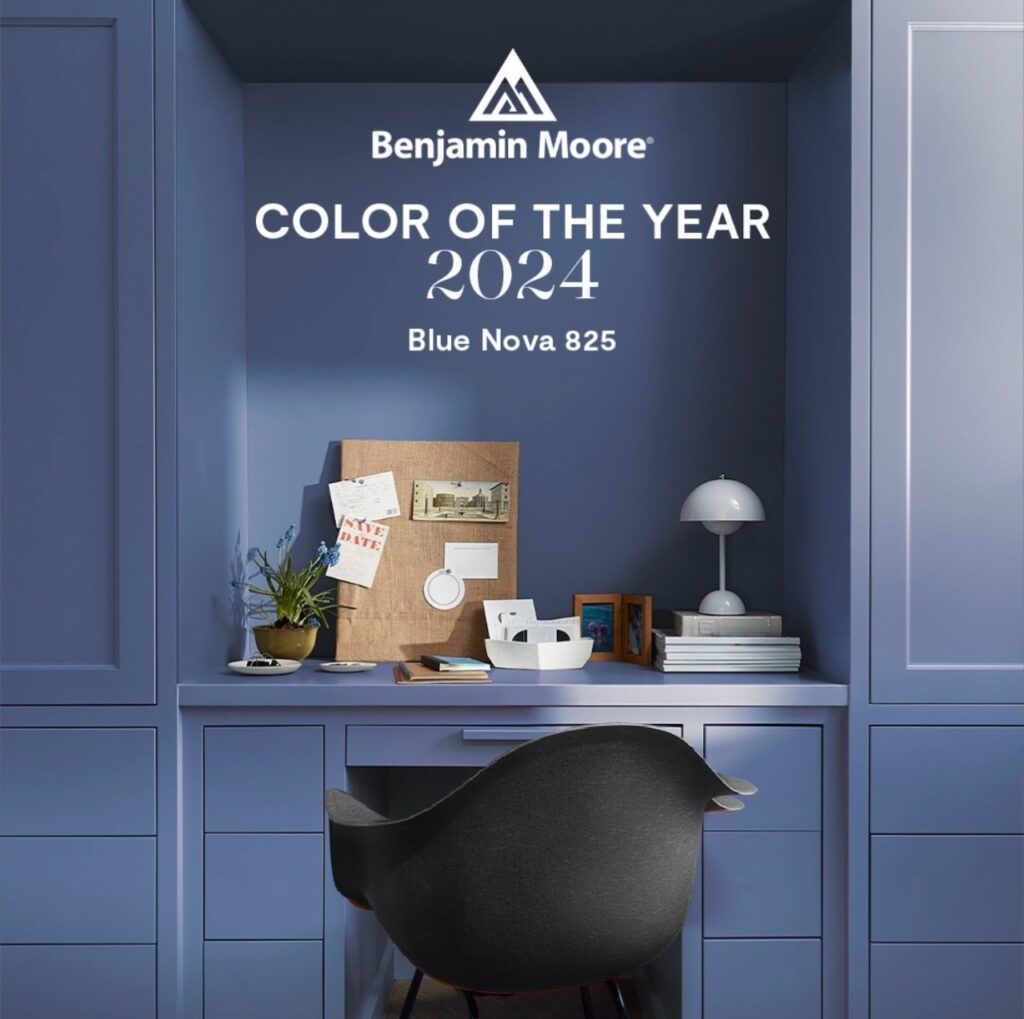 Blue Nova - Benjamin Moore Color Of The year 2024. Interior Design Advice. Designer and True Color Expert. Setting for Four Interiors. Virtual Interior Design. 