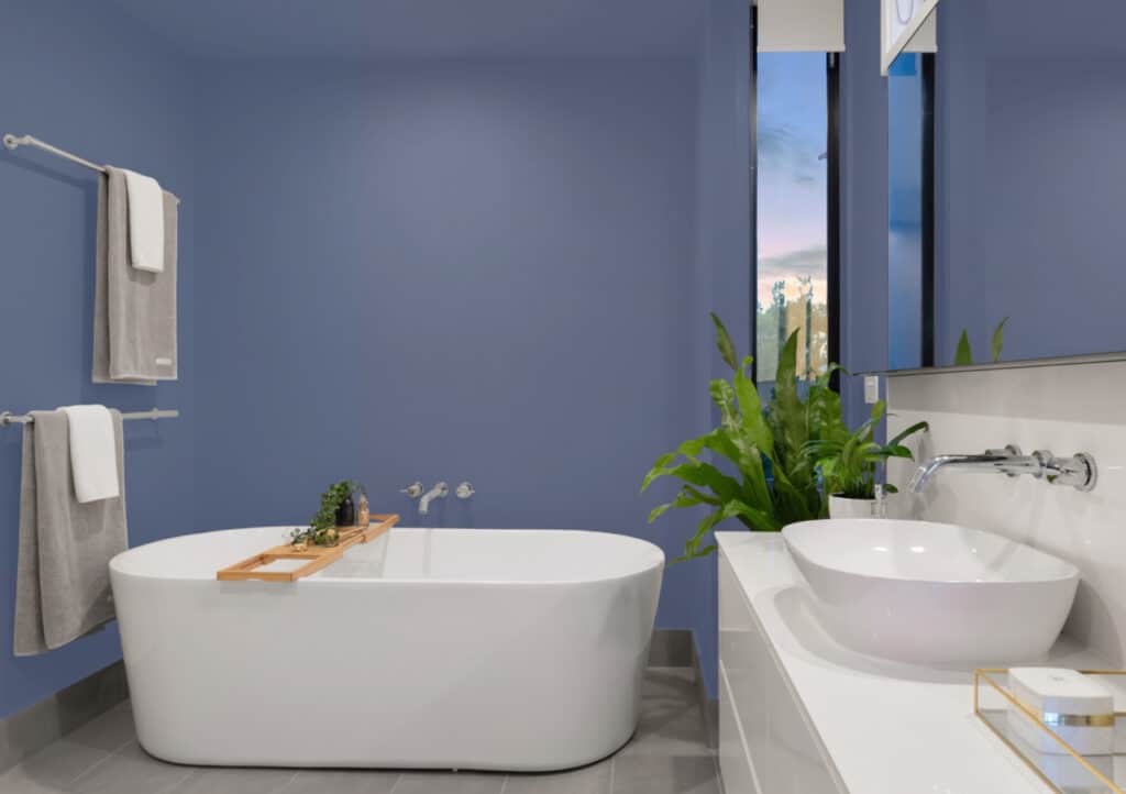 Blue Nova Bathroom Wall Color - Benjamin Moore Color Of The year 2024. Spa bathroom. Bathroom paint color idea. calm color.