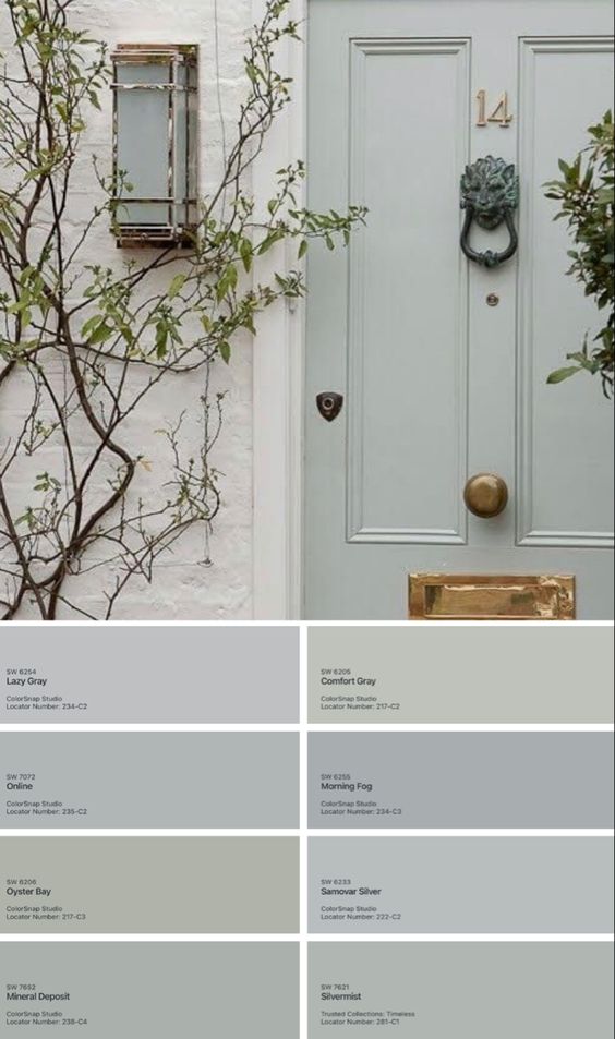 Front Door Color Palette - elegant gray and green paint colors for a front door. Home exterior color.