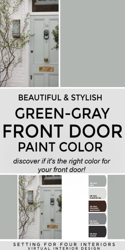 A Beautiful Green-Gray Front Door Color - Undertones andCoordinating Colors. Exterior Color Palette. Color Scheme. Neutral colors. Organic Modern, Transitional, Farmhouse design style. Paint Color Ideas.