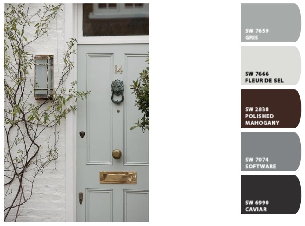 Soothing Exterior Color Palette. paint color scheme ideas. Coordinating paint colors for the home exterior. Organic Modern, Transitional, Farmhouse design style.