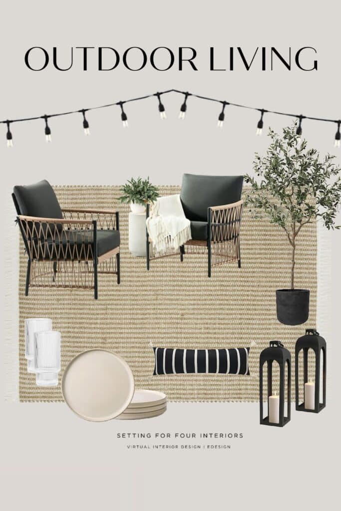 Beautiful Patio Lounge Mood Board & Decor Ideas. neutral, cozy, elegant, backyard, uncovered patio, outdoor, relaxing, summer, decorating inspiration, modern, farmhouse, transitional, traditional home ideas