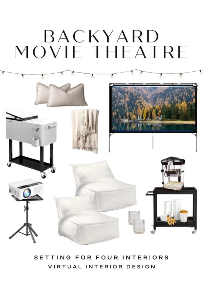 Beautiful Backyard Movie Theatre Mood Board and Decor Ideas. summer kids ideas, summer vacation ideas, staycation, entertaining, backyard, outdoor, a budget, modern, transitional, farmhouse, traditional, cozy, elegant, relaxing