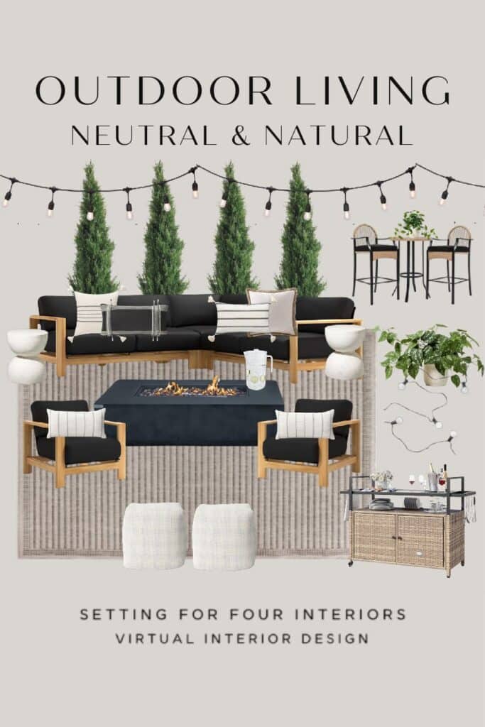 Beautiful Neutral Patio Decor & Design Ideas. mood board, moodboard, outdoor sectional sofa, outdoor chairs, fire table, bar cart, outdoor bar furniture, outdoor lighting, outdoor rug, pillows.Organic modern, farmhouse, transitional.
Setting For Four Interiors
Virtual Interior Design Services
Designer and True Color Expert