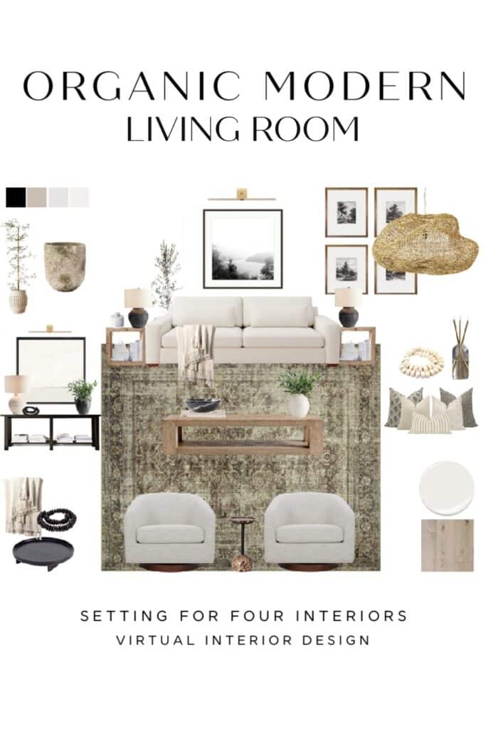 Beautiful Modern Neutral Living Room Decor Ideas and Mood Board. moodboard. woven pendant light fixture. vintage landscape art. photography art. Neutral sofa, swivel chairs, wood coffee table, living room rug, neutral pillows, console table decor, living room decor, coffee table decor ideas.
Setting For Four Interiors
Virtual Interior Design Services
Designer and True Color Expert