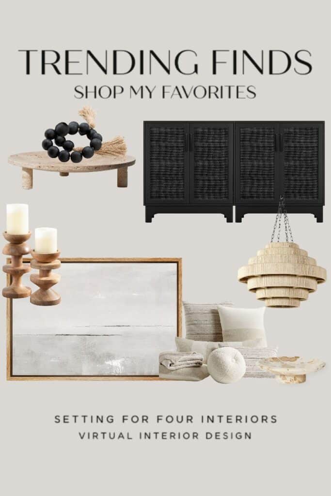 Beautiful Modern Neutral Decor Ideas for the home. woven pendant. abstract art. neutral pillows. stone bowl. wood candle holders. black cabinets, tv unit, storage cabinet, living room decor, bedroom decor ideas, coffee table decor ideas.
Setting For Four Interiors
Virtual Interior Design Services
Designer and True Color Expert
