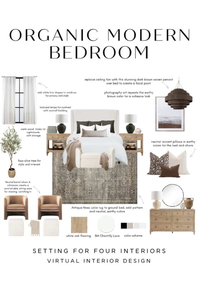 Beautiful Neutral Bedroom Mood Board Design and Decor Ideas. moodboard, bedroom pendant, upholstered bed, nightstand ideas, seating area chairs, wall art, bed pillows, dresser idea. Organic modern, farmhouse, transitional, bedroom wall paint color.
Setting For Four Interiors
Virtual Interior Design Services
Designer and True Color Expert