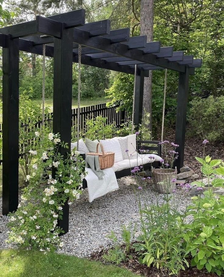 Outdoor Swing and Pergola Patio Idea. neutral, outdoor, backyard, diy, seating, garden, plants, modern, transitional, Scandinavian, farmhouse