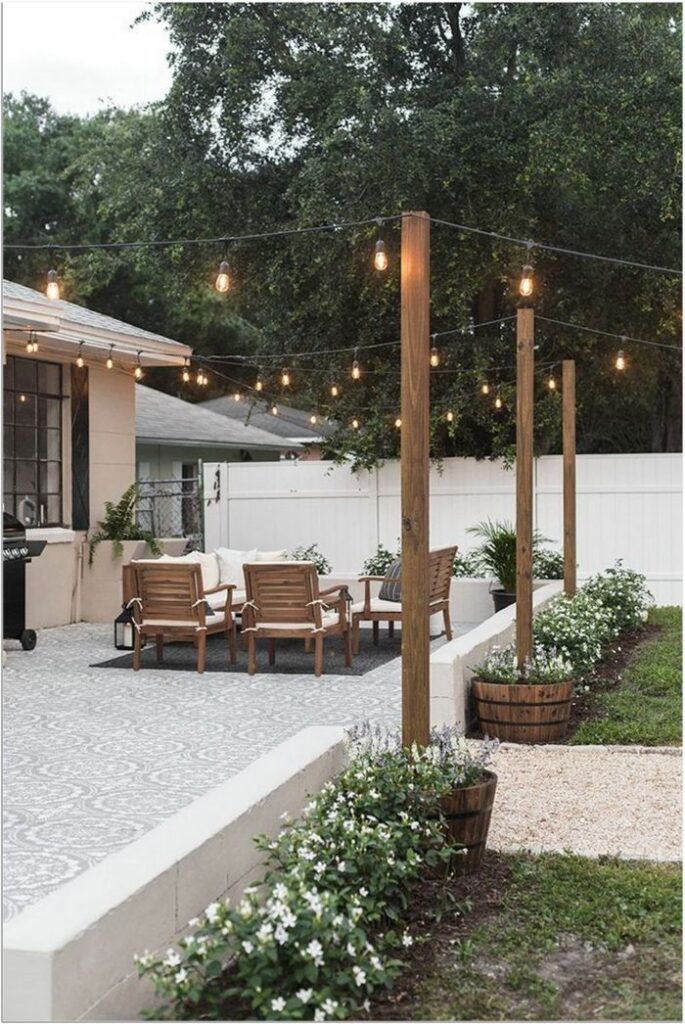 DIY Outdoor Lighting For The Patio. inexpensive way to hang string lights outdoors. diy project, planters