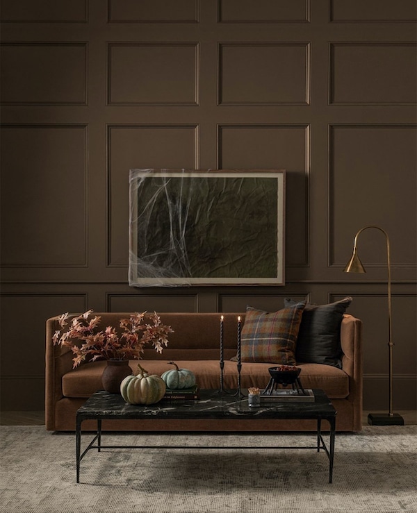 Neutral Living Room Decor Ideas For Fall. Fall living room decor ideas. Elegant halloween decor ideas. Moody, earthy colors. Design Ideas.