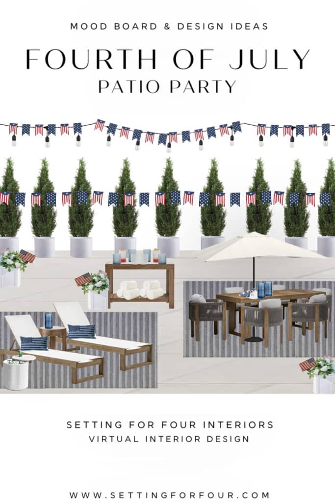 Fourth Of July Patio Party - Mood Board and Decor Ideas! Outdoor dining furniture, lounge hairs, outdoor planter and rug idea to celebrate the 4th of July.