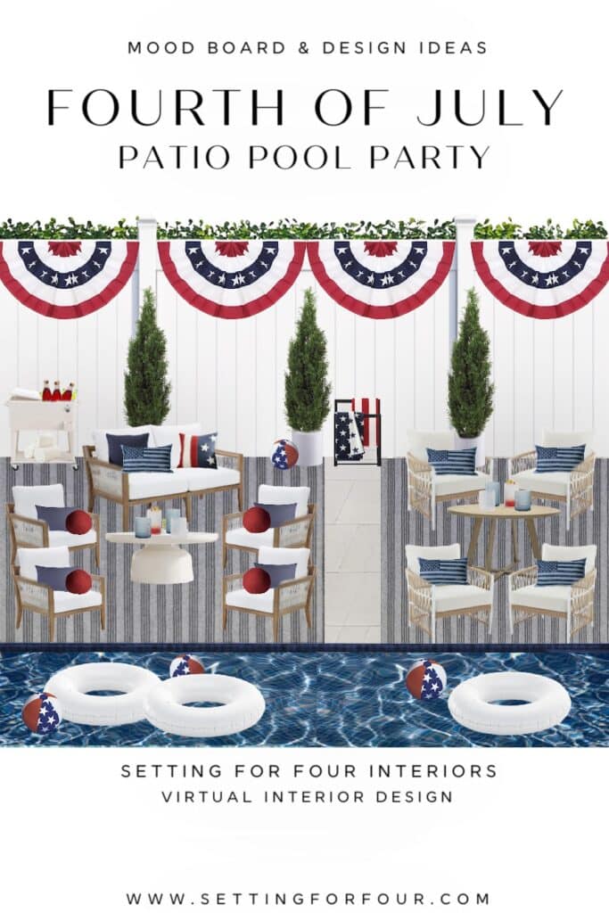 Fourth Of July Patio Pool Party - Mood Board and Design Ideas! Outdoor rugs, dining furniture, lounge furniture, bar cart and pool toys to celebrate the 4th of July!