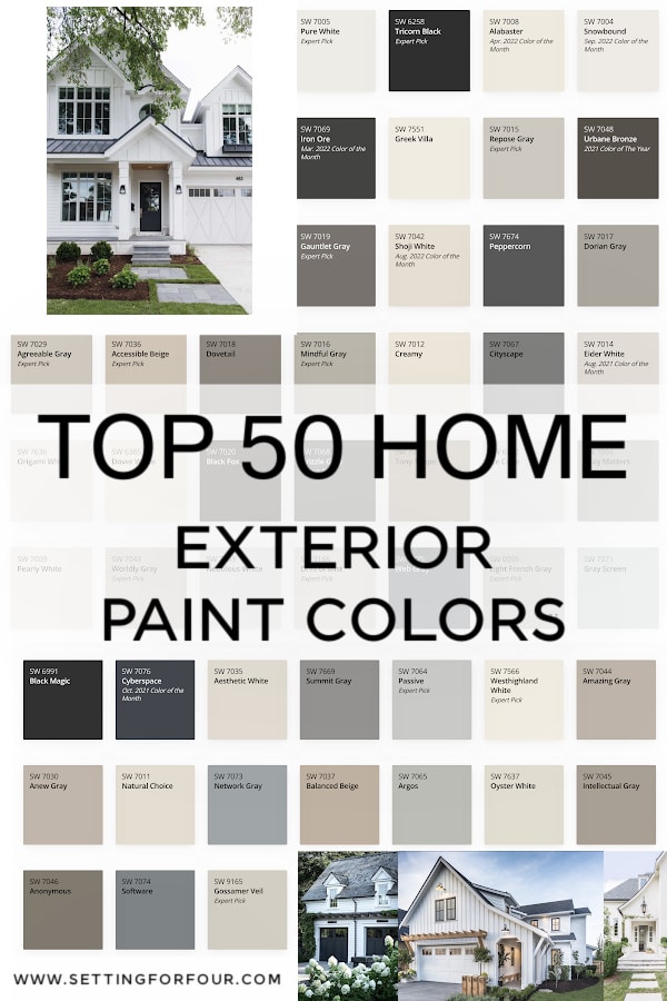 Top 50 Neutral Paint Colors For The Home Exterior. Siding, brick, stucco, trim, shutters, garage door and front door paint color. Best paint colors, popular colors. Timeless colors.