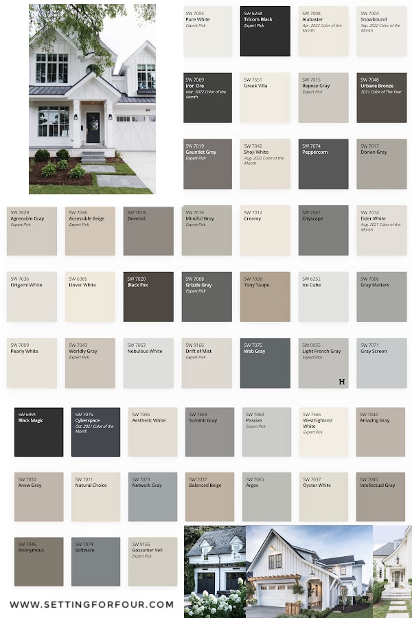 The Top 50 Home Exterior Paint Colors. Bestselling paint colors for the outside of the home. Whole home color palette for the exterior. Color scheme. paint color ideas. Interior design ideas. Staging, selling, curb appeal.