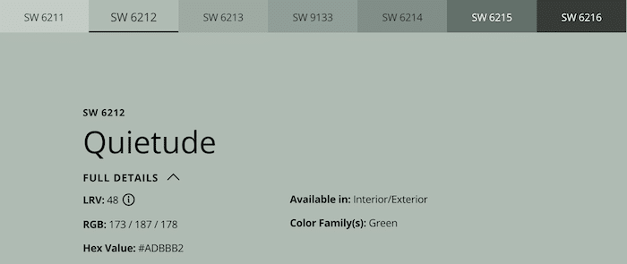 Sherwin Williams Quietude Similar Colors. green paint color, cozy neutral color, color palette, color scheme, cool green, interior and exterior paint color