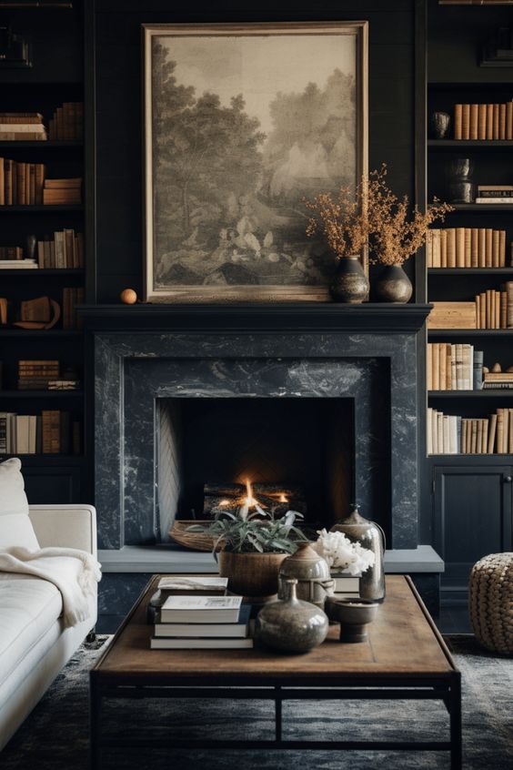 Living Room Neutral Fall Decor Ideas. Art Above the Fireplace, builtin bookshelves, coffee table decor, fall colors.