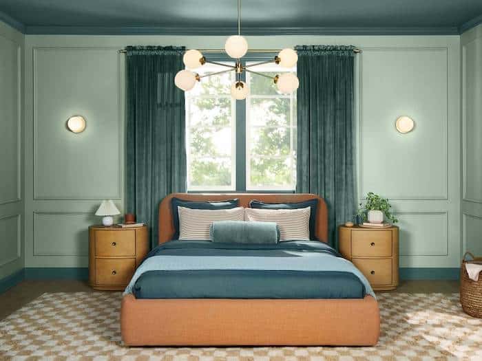 Sherwin Williams Quietude Bedroom Paint Color, relaxing green color for the bedroom, sage green, country, modern farmhouse transitional, modern, bedroom color scheme