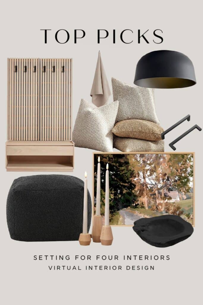 Neutral Living Room Decor Ideas. earthy colors. slat wood. bench. entryway. boucle pillows. flush mount light. fall art.