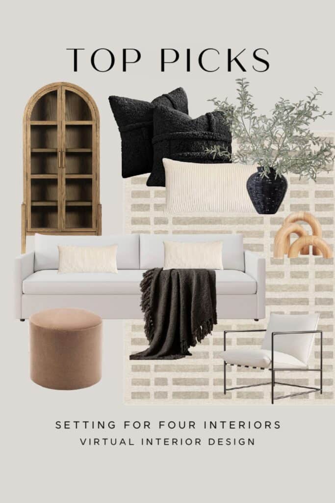 Cozy, Neutral Living Room Mood Board and Design Ideas. Living room decor ideas. Arch cabinet. warm timeless colors.