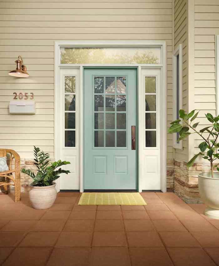 SW Quietude Front Door Color. Elegant blue green color that goes with earthy colors. curb appeal, exterior color.