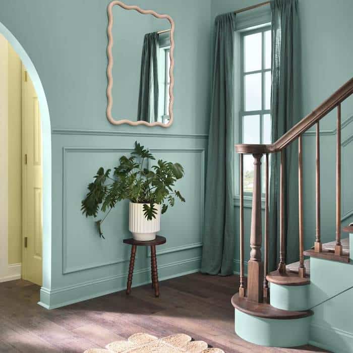 Sherwin Williams Quietude - Elegant Hallway and Staircase Wall Color. Transitional, traditional, modern farmhouse, top color.