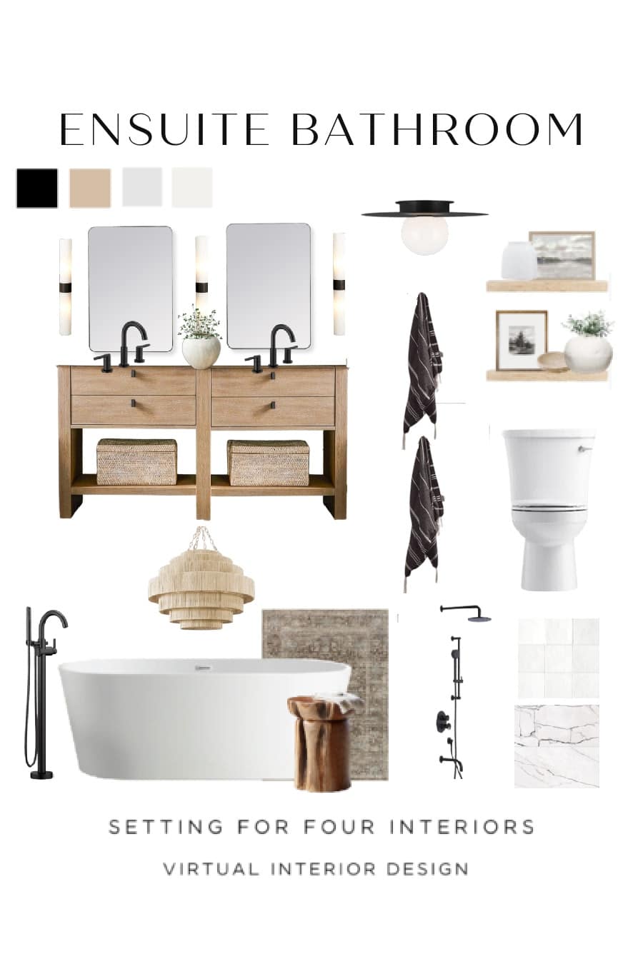 Neutral Ensuite Bathroom Moodboard and Decor Ideas. primary bathroom, modern, transitional, virtual interior design services, Setting For Four Interiors Designer and True Color Expert