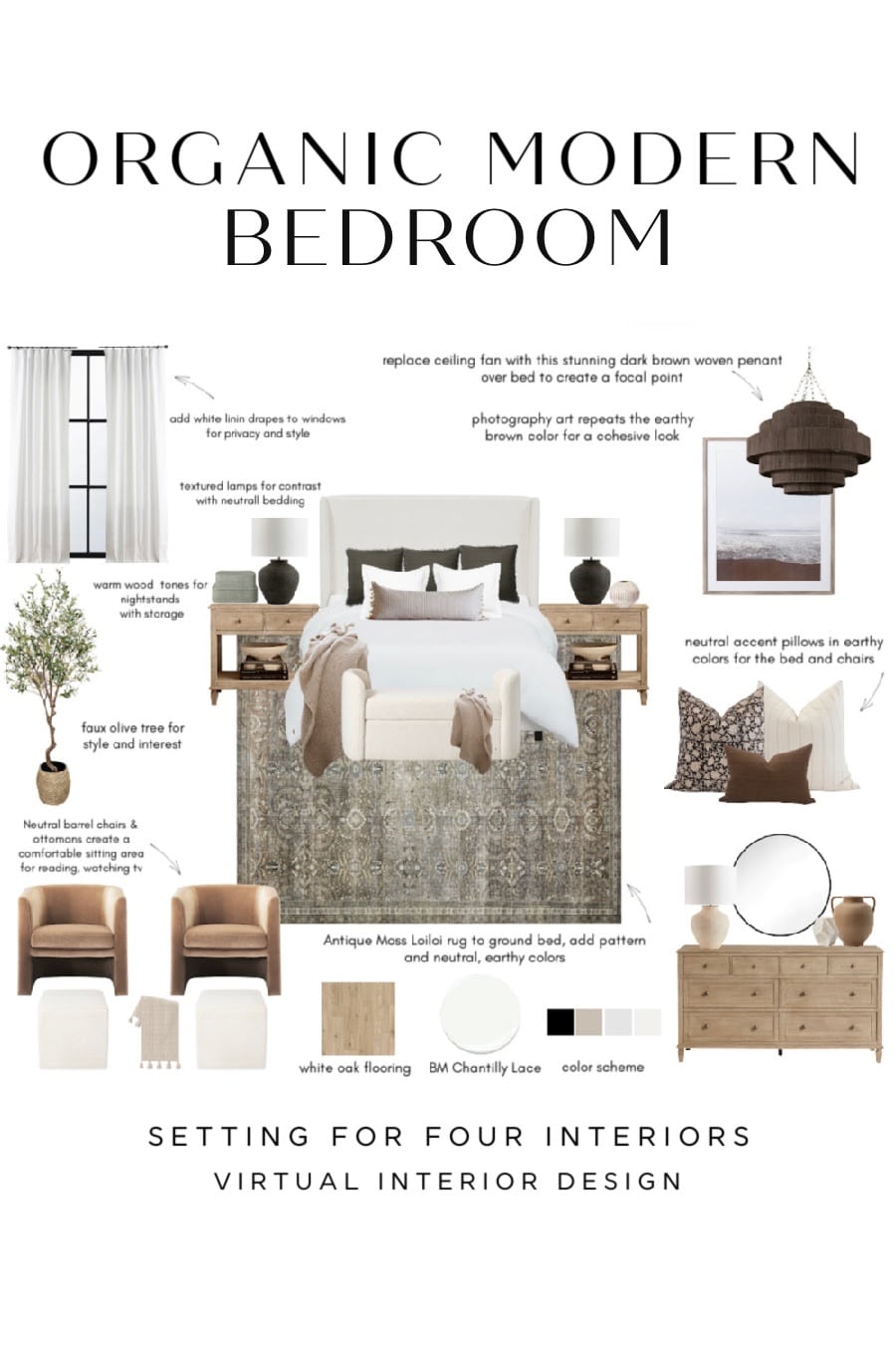 Neutral Bedroom Moodboard and Decor Ideas. primary bedroom, modern, transitional, virtual interior design services, Setting For Four Interiors Designer and True Color Expert