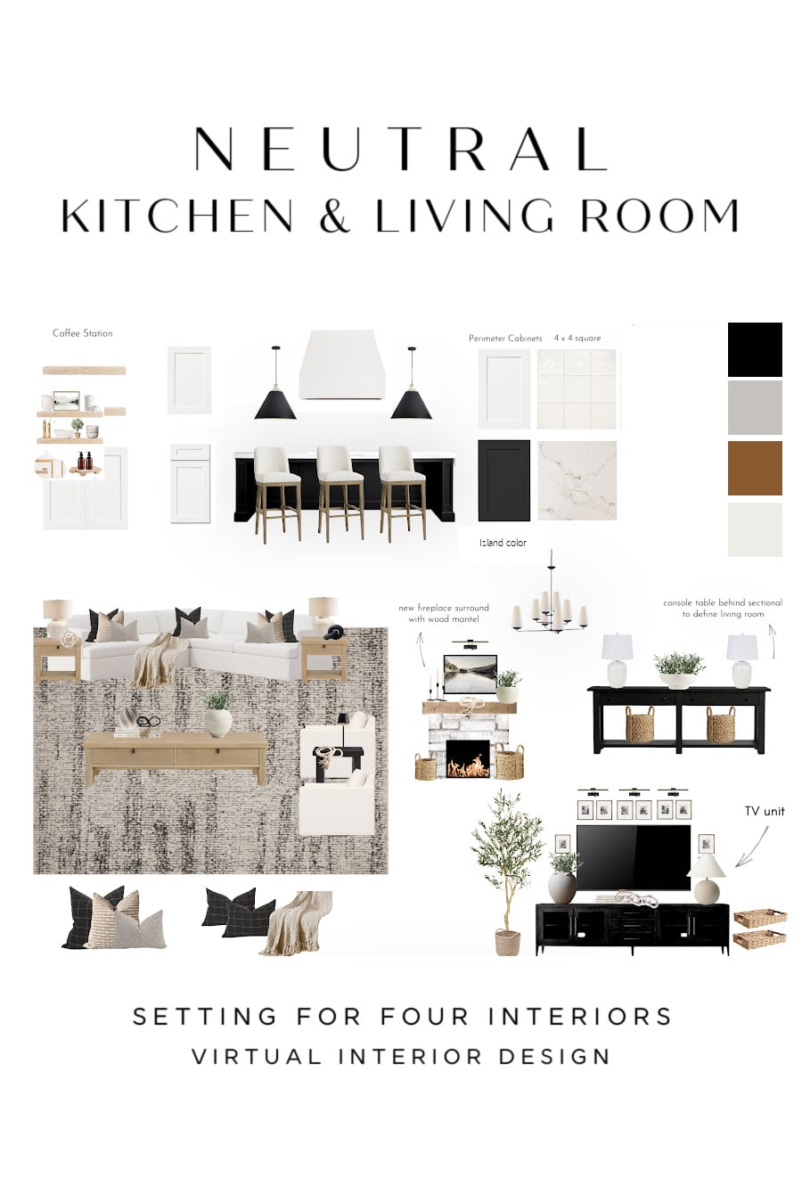 Neutral Kitchen & Living Room Moodboard and Decor Ideas. open concept. mood board, modern, transitional, virtual interior design services, Setting For Four Interiors Designer and True Color Expert