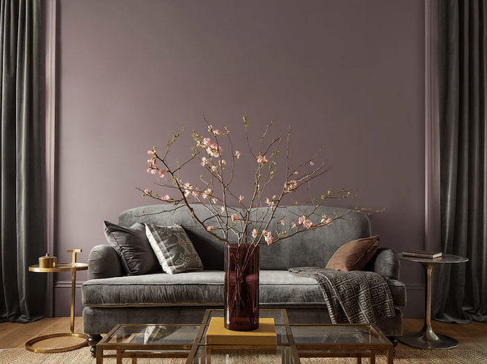 Benjamin Moore Cinnamon Slate Living Room Paint Color. Plum walls with gray sofa, gray drapes, modern coffee table Transitional living room, elegant, modern home.
