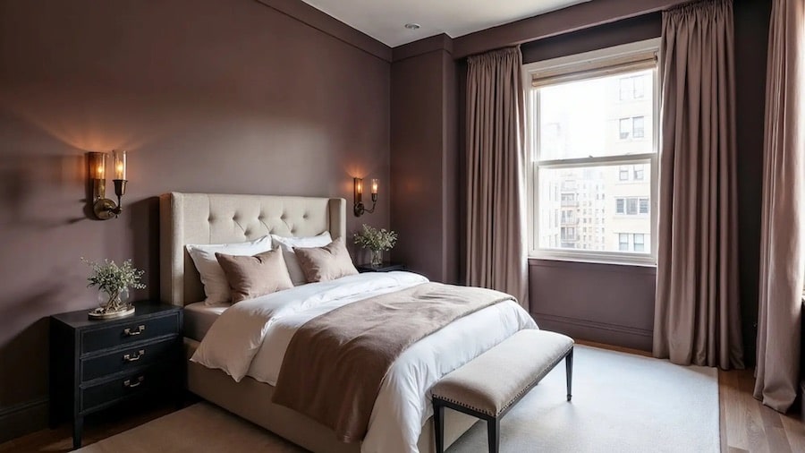 Benjamin Moore Cinnamon Slate Transitional Bedroom Paint Color Idea. beige upholstered bed with wall sconce lights and black nightstands, rich, luxury, dark purple, cozy relaxing, calming color palette, color of the year 2025, plum, brown, cozy, elegant, wall color, painting inspiration, 2025 design trends, modern, neutral.