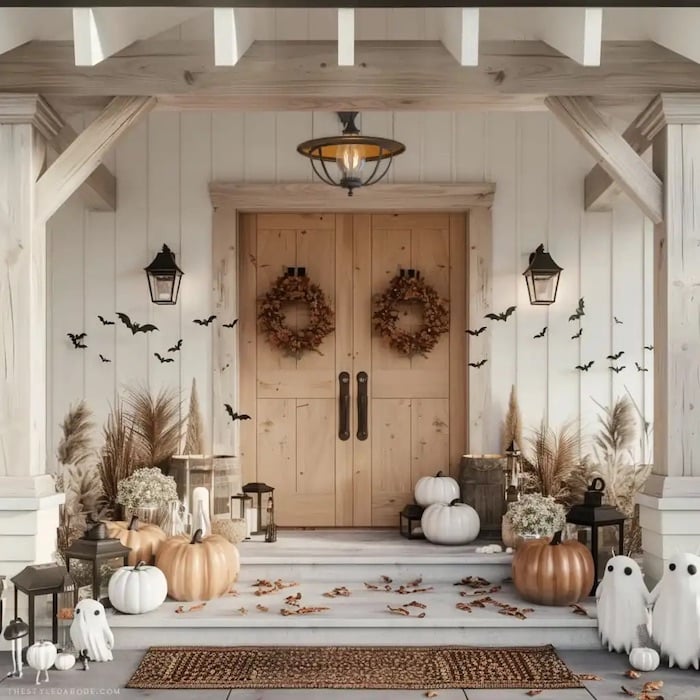 A cozy porch decorated for Halloween with pumpkins, ghost figures, and lanterns. Two wreaths hang on wooden doors, while bats adorn white walls. Elegant Halloween porch decor ideas.