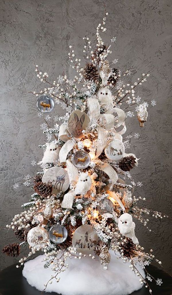 Rustic Glam Woodland Christmas Tree Decor Ideas. Decor Ideas With Owls. White and green decor, Owl ornaments, 2024 Christmas trends, Woodland Christmas tree ornaments, holiday decor, Christmas tree theme, Christmas tree colors