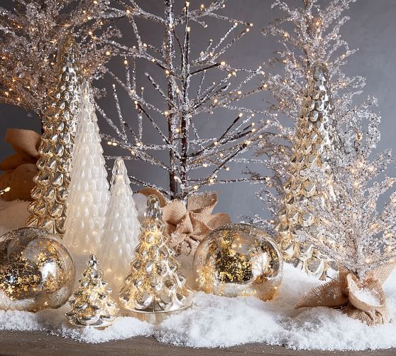 Cozy Christmas Decor Ideas. Elegant holiday decor, winter wonderland, mercury glass trees, tabletop trees, table decor, wintery, crystal twig trees, birch trees, prelit trees