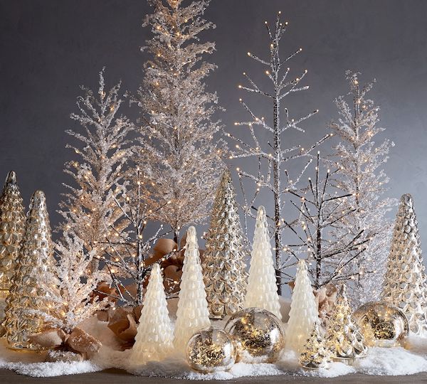 Elegant Woodland Christmas Decor Ideas. Winter wonderland, cozy Christmas decor, holiday decor, mercury glass trees, prelit birch trees, table top trees
