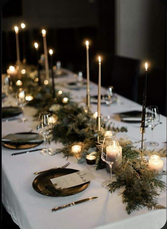 Easy Christmas Table Runner Decor Ideas With Greenery Garland. Holiday table decorating tips from a designer and True Color Expert® 
