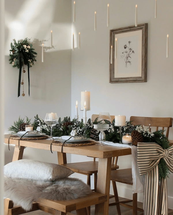 Elegant Floating Candles Christmas Table Decor Idea. So simple and easy to make! Green and White Holiday Color Palette. Bows are a big trend for Christmas 2024! 