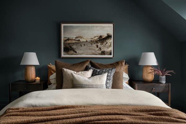 Neutral Moody Bedroom Color Palette. cozy, elegant, relaxing, masculine, primary bedroom, boys room, guest room, natural, blue, brown, white, beige, modern, transitional, farmhouse, style ideas